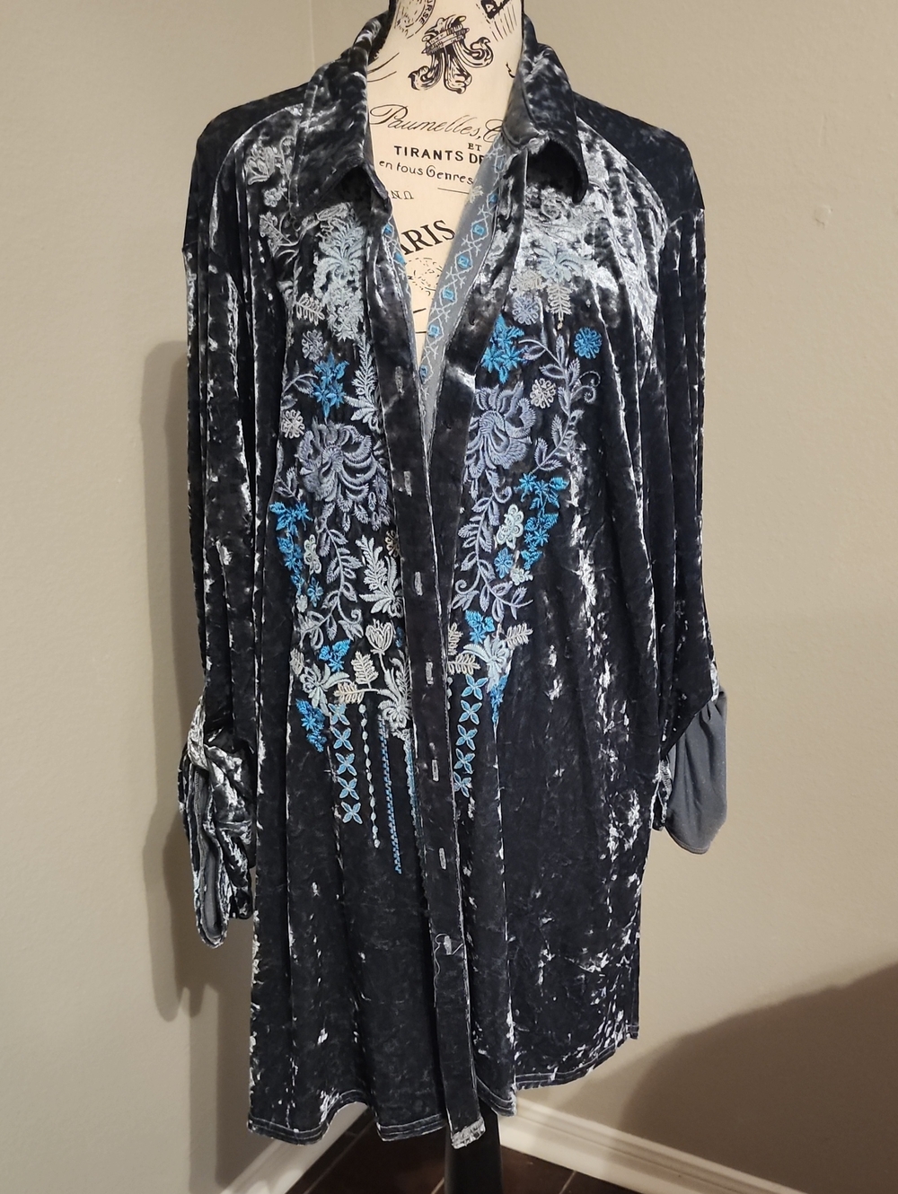Andree Crushed Velvet Button-Down Shirt with Blue & Silver Floral Embroidery 3X